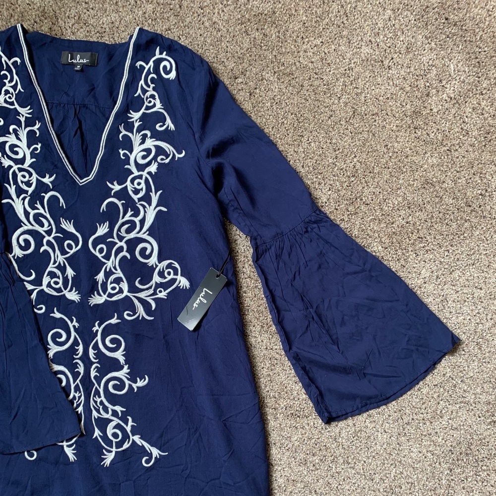 Blue & White Mini Dress with Bell Sleeves • Lulus